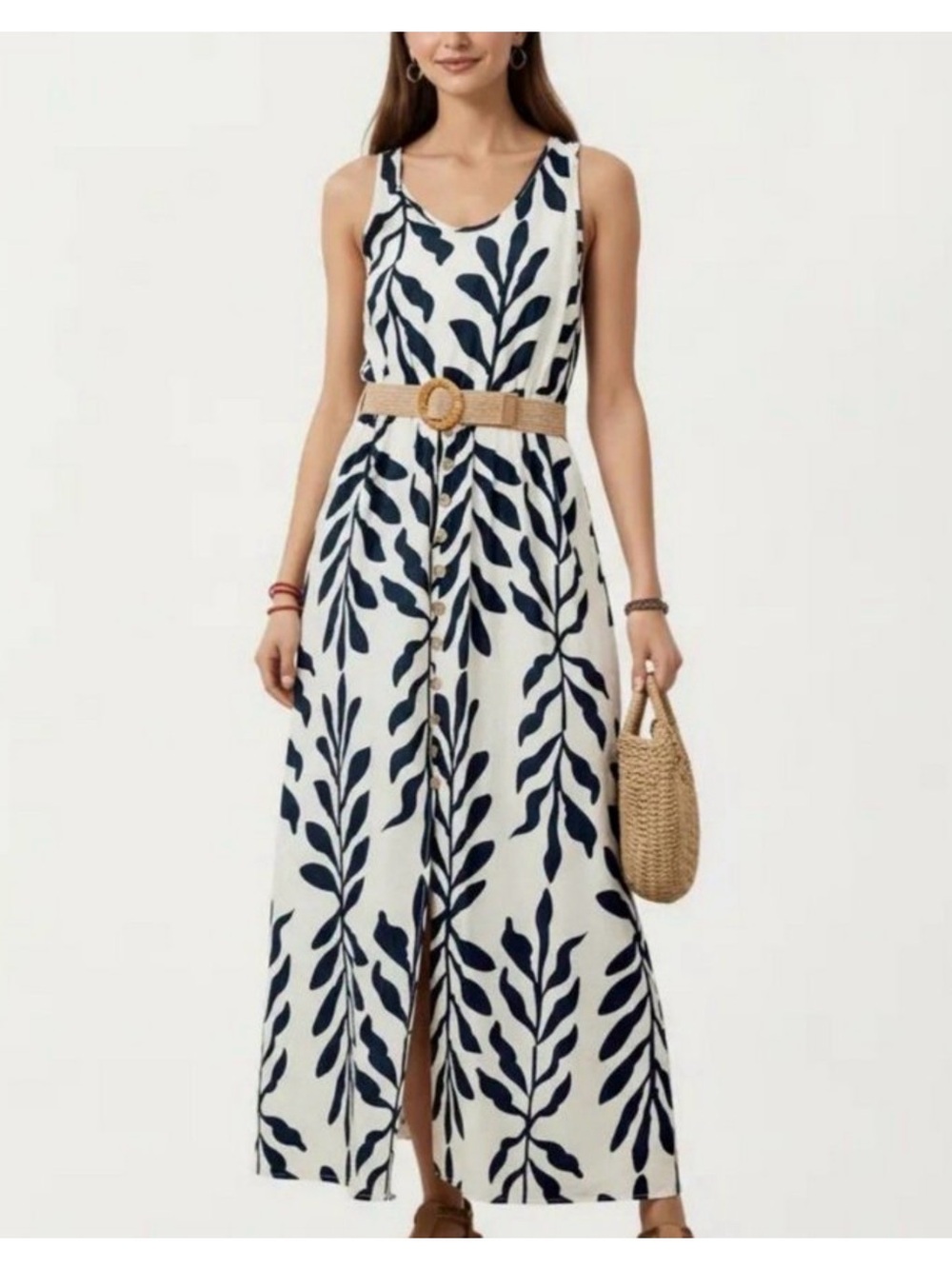 Sleeveless Cream Maxi Dress with Navy Leaf Print
